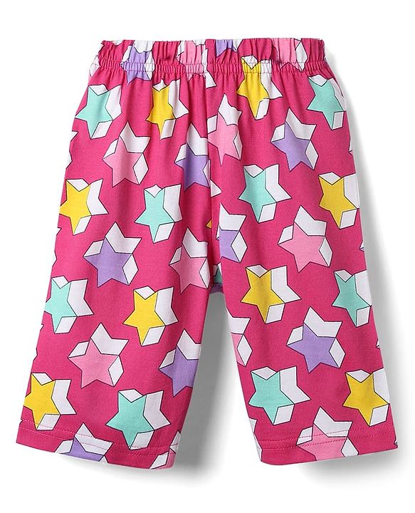 Babyhug Cotton Knit Cap Sleeves Capri Night Suit With Stars Print - Pink