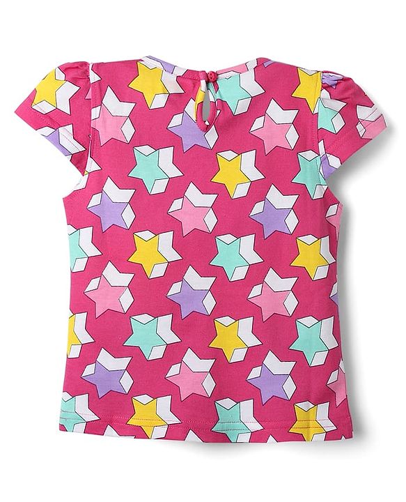 Babyhug Cotton Knit Cap Sleeves Capri Night Suit With Stars Print - Pink