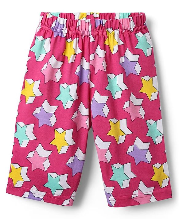 Babyhug Cotton Knit Cap Sleeves Capri Night Suit With Stars Print - Pink