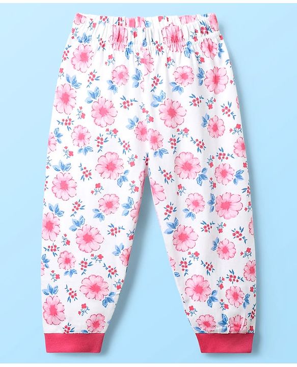 Babyhug Cotton Knit Full Length Co-ords Night Suit With Floral Print - White & Pink