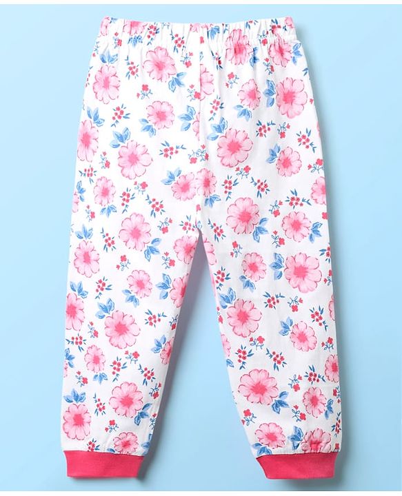 Babyhug Cotton Knit Full Length Co-ords Night Suit With Floral Print - White & Pink