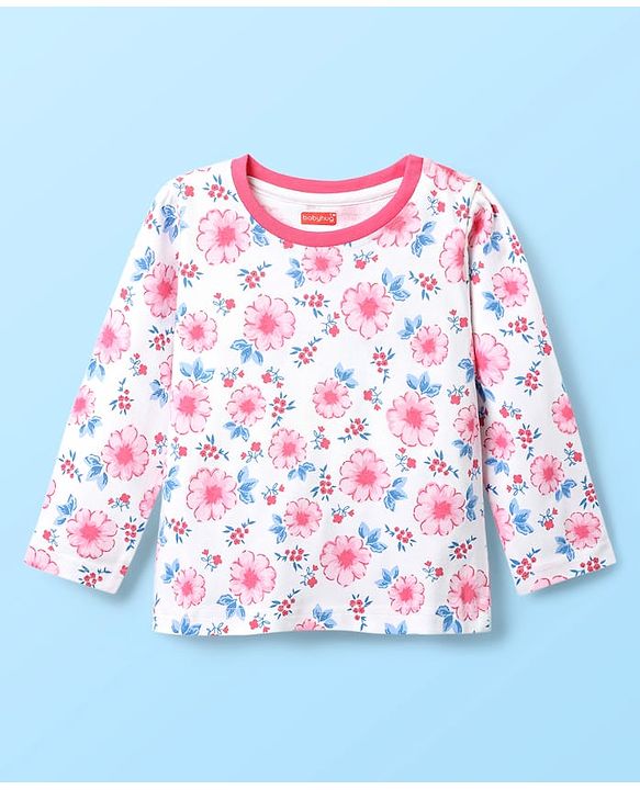 Babyhug Cotton Knit Full Length Co-ords Night Suit With Floral Print - White & Pink