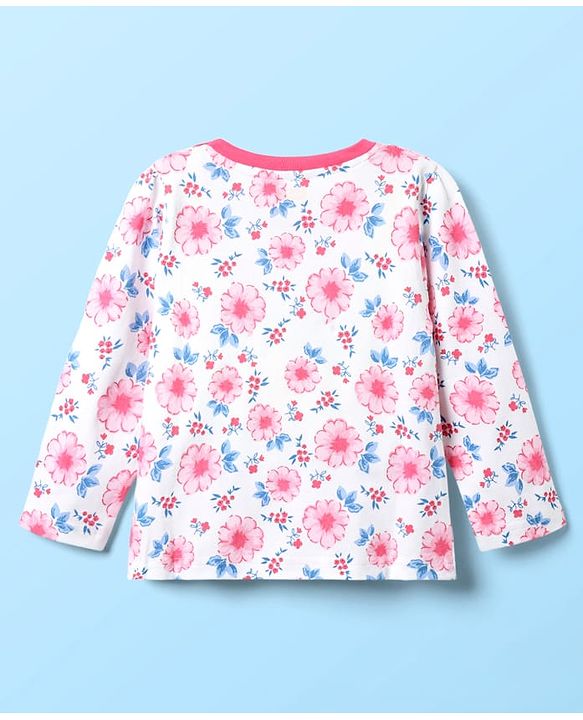 Babyhug Cotton Knit Full Length Co-ords Night Suit With Floral Print - White & Pink