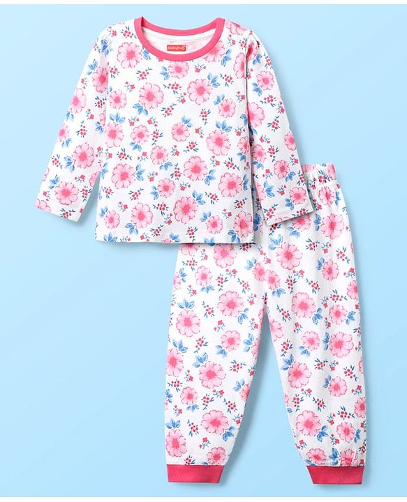 Babyhug Cotton Knit Full Length Co-ords Night Suit With Floral Print - White & Pink
