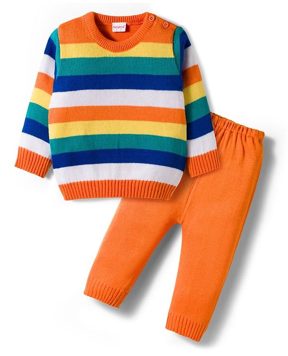 Babyhug Knit Full Sleeves Sweater Set With Stripes - Multicolour