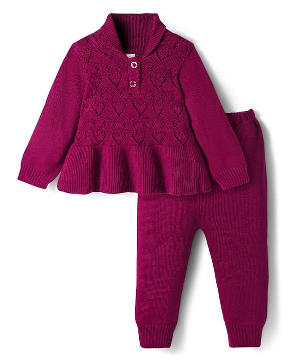 Babyhug Knit Full Sleeves Sweater Set With Heart Design - Wine