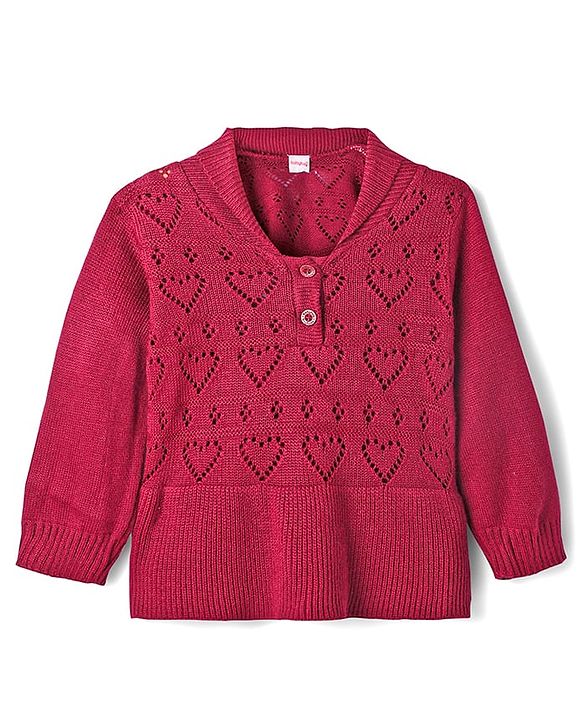 Babyhug Knit Full Sleeves Sweater Set With Heart Design - Wine