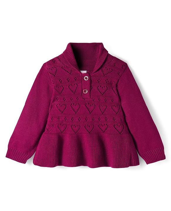 Babyhug Knit Full Sleeves Sweater Set With Heart Design - Wine