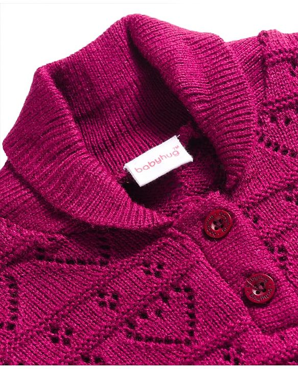 Babyhug Knit Full Sleeves Sweater Set With Heart Design - Wine