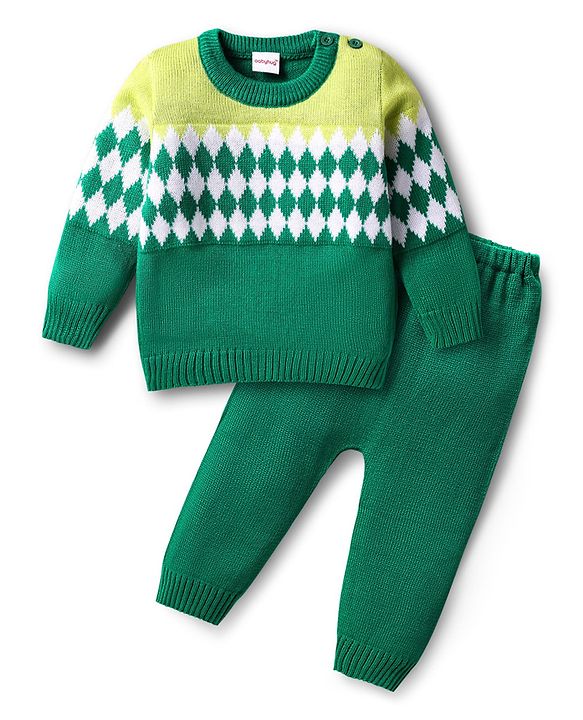 Babyhug Knitted Full Sleeves Sweater Set With Chevron Design - Green