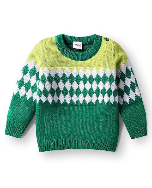 Babyhug Knitted Full Sleeves Sweater Set With Chevron Design - Green