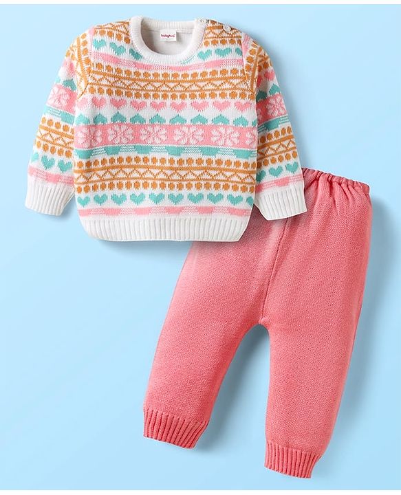 Babyhug Knit Full Sleeves Pullover Sweater Set with Floral Design - Pink