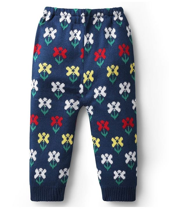 Babyhug Knit Full Length Woollen Pants with Floral Design - Navy Blue
