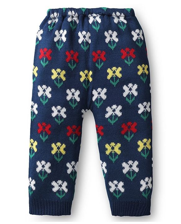Babyhug Knit Full Length Woollen Pants with Floral Design - Navy Blue