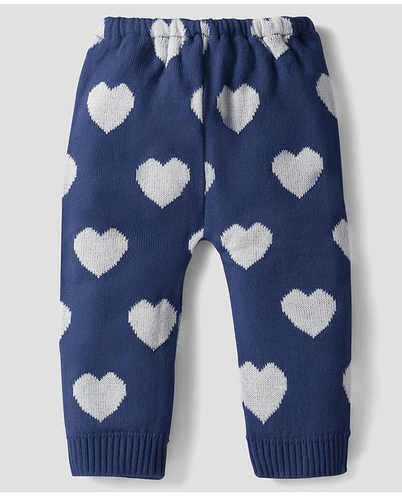 Babyhug Knit Full Length Woollen Pant With Hearts Design - Navy Blue
