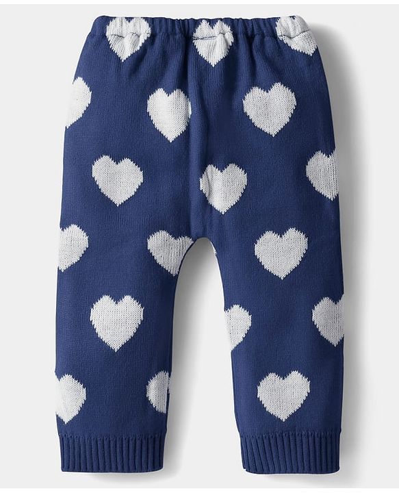 Babyhug Knit Full Length Woollen Pant With Hearts Design - Navy Blue