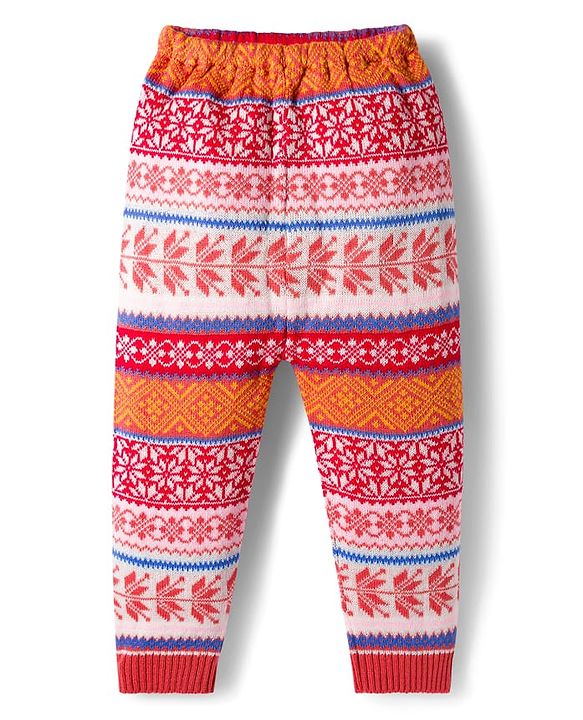 Babyhug Knitted Full Length Leaf Designed Woollen Pant - Rust Orange