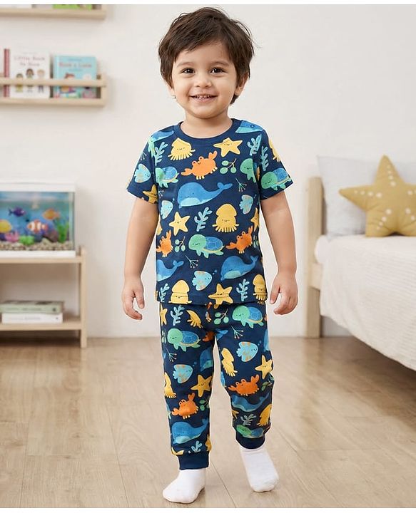 Babyhug Cotton Knit Half Sleeves Co-rds Night Suit With Fish Print - Navy Blue