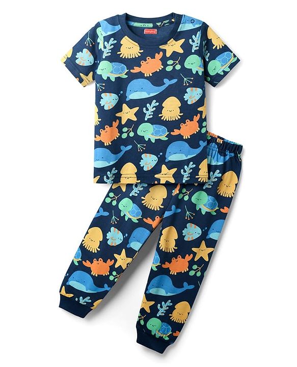 Babyhug Cotton Knit Half Sleeves Co-rds Night Suit With Fish Print - Navy Blue