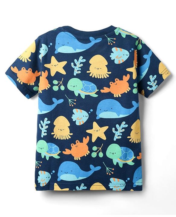 Babyhug Cotton Knit Half Sleeves Co-rds Night Suit With Fish Print - Navy Blue