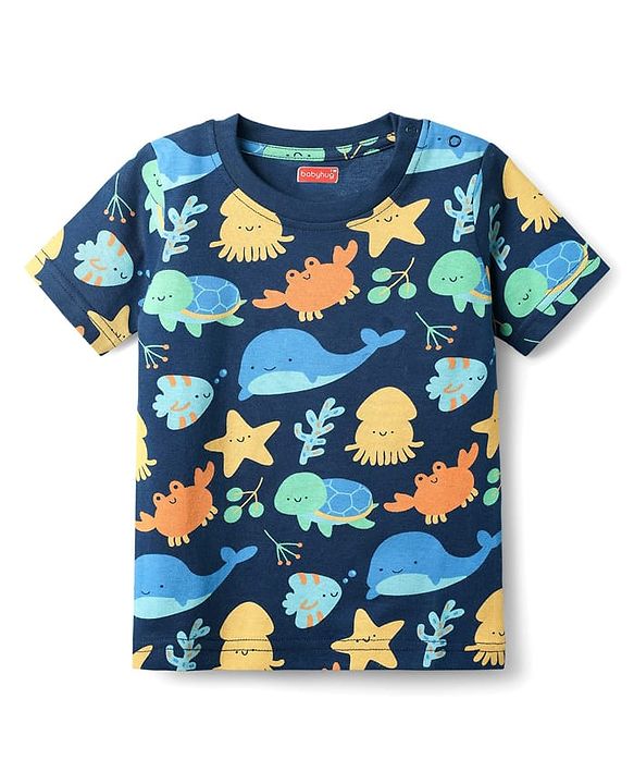Babyhug Cotton Knit Half Sleeves Co-rds Night Suit With Fish Print - Navy Blue