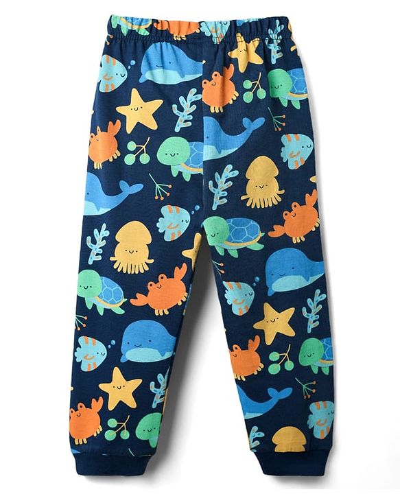 Babyhug Cotton Knit Half Sleeves Co-rds Night Suit With Fish Print - Navy Blue
