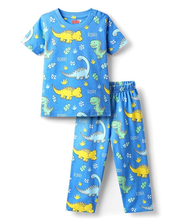 Babyhug Cotton Knit Half Sleeves Co-ords Night Suit with Dino Print - Blue