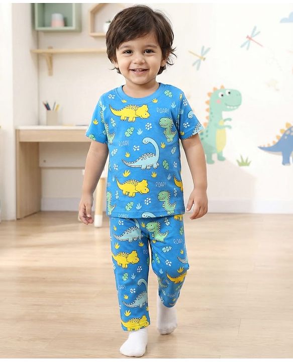 Babyhug Cotton Knit Half Sleeves Co-ords Night Suit with Dino Print - Blue