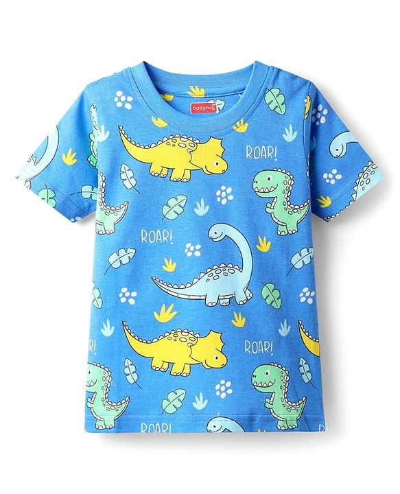Babyhug Cotton Knit Half Sleeves Co-ords Night Suit with Dino Print - Blue
