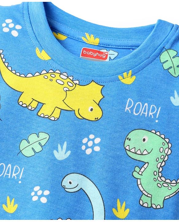 Babyhug Cotton Knit Half Sleeves Co-ords Night Suit with Dino Print - Blue