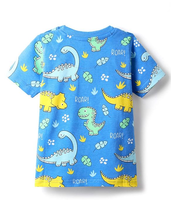 Babyhug Cotton Knit Half Sleeves Co-ords Night Suit with Dino Print - Blue