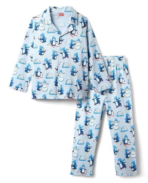 Babyhug Cotton Knit Full Sleeves Co-ord Night Suit with Penguin Print - Light Blue