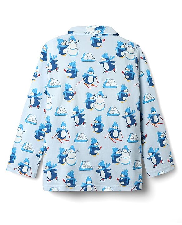 Babyhug Cotton Knit Full Sleeves Co-ord Night Suit with Penguin Print - Light Blue