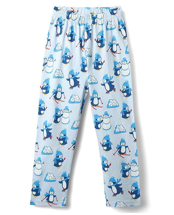Babyhug Cotton Knit Full Sleeves Co-ord Night Suit with Penguin Print - Light Blue