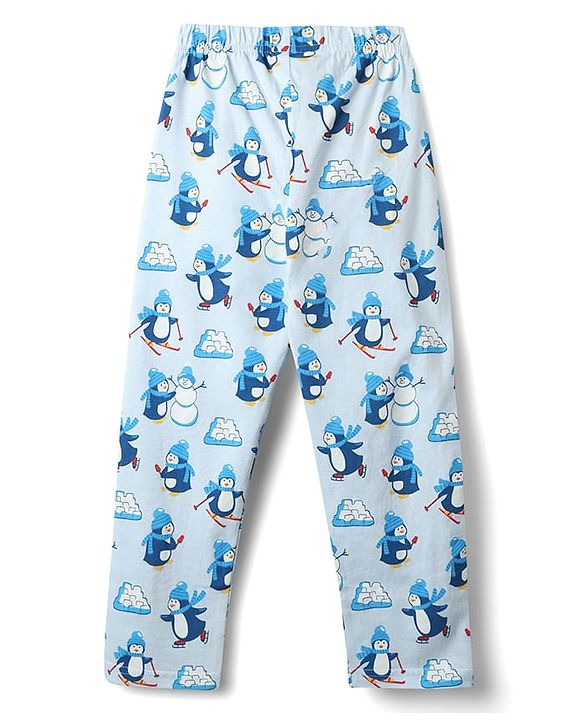 Babyhug Cotton Knit Full Sleeves Co-ord Night Suit with Penguin Print - Light Blue