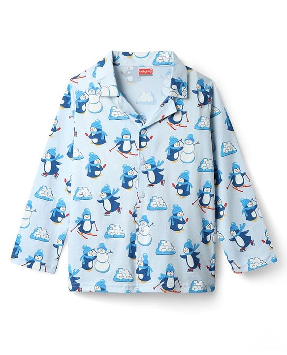 Babyhug Cotton Knit Full Sleeves Co-ord Night Suit with Penguin Print - Light Blue