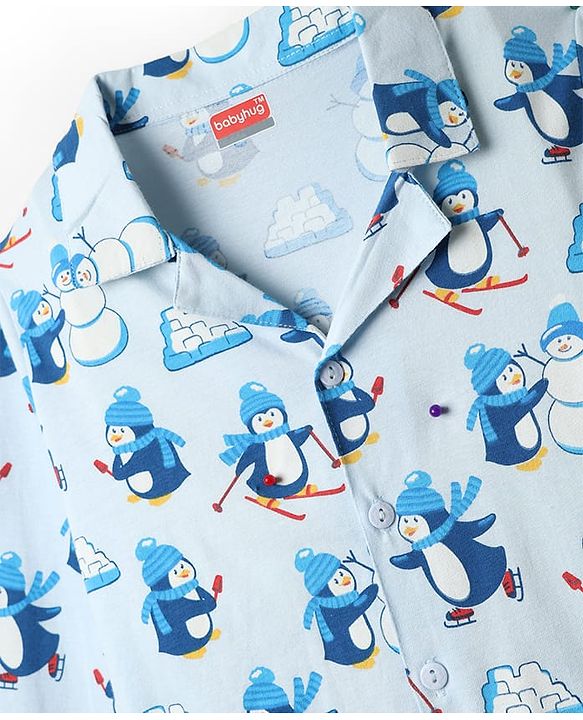 Babyhug Cotton Knit Full Sleeves Co-ord Night Suit with Penguin Print - Light Blue