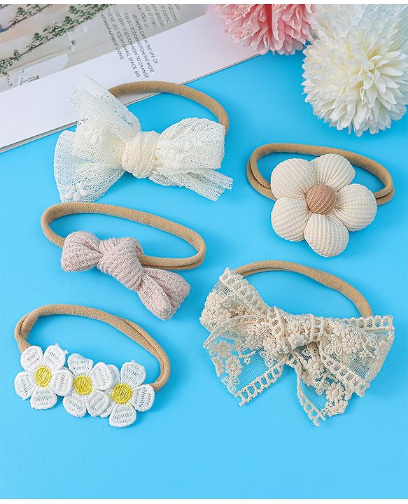Babyhug Headbands With Bow & Floral Appliques Pack of 5 - Beige White & Plum