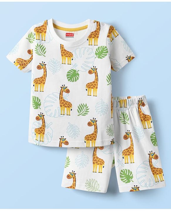 Babyhug Cotton Knit Half Sleeves Co-ords Shorts Night Suit With Giraffe Print - White