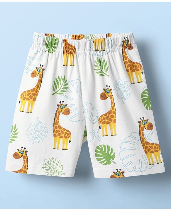 Babyhug Cotton Knit Half Sleeves Co-ords Shorts Night Suit With Giraffe Print - White
