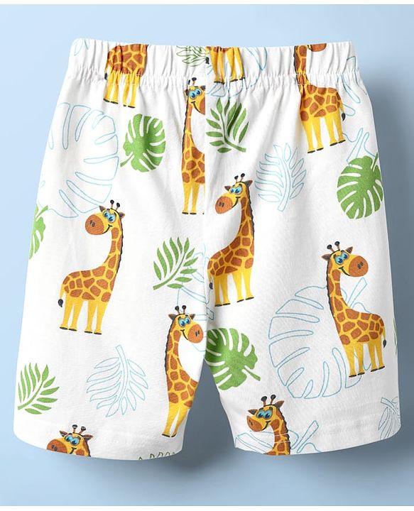 Babyhug Cotton Knit Half Sleeves Co-ords Shorts Night Suit With Giraffe Print - White