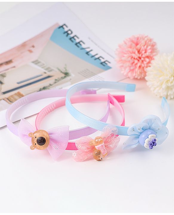 Babyhug Hairbands with Floral Bow & Animal Applique Pack of 3 Free Size - Multicolor