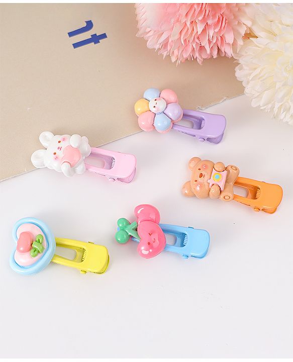 Babyhug Free Size Hair Clips With Floral Animal Applique Pack Of 5 - Multicolour