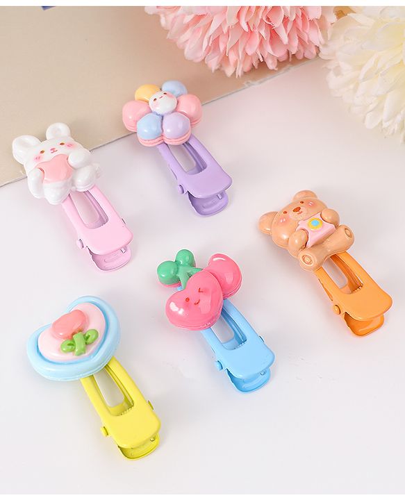 Babyhug Free Size Hair Clips With Floral Animal Applique Pack Of 5 - Multicolour