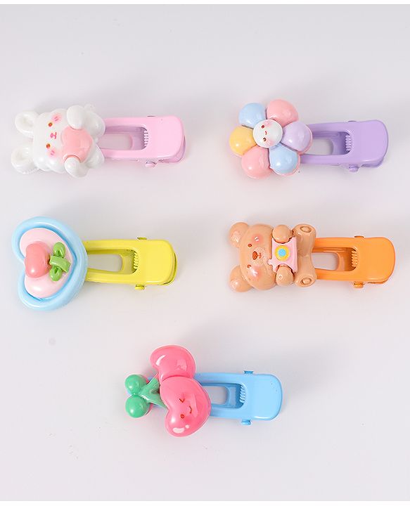 Babyhug Free Size Hair Clips With Floral Animal Applique Pack Of 5 - Multicolour