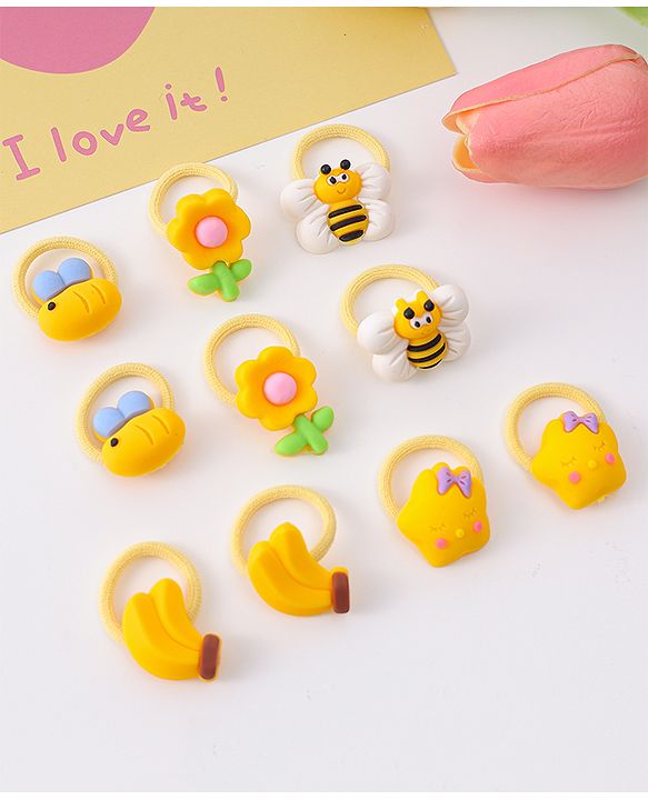 Babyhug Free Size Rubber Bands With Applique Pack Of 10 - Yellow