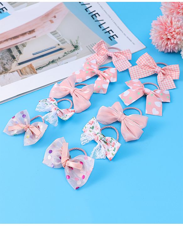 Babyhug Free Size  Rubber Bands with Floral Fruit and Cupcake Applique Pack of 8 - Brown Pink and Yellow main image 0