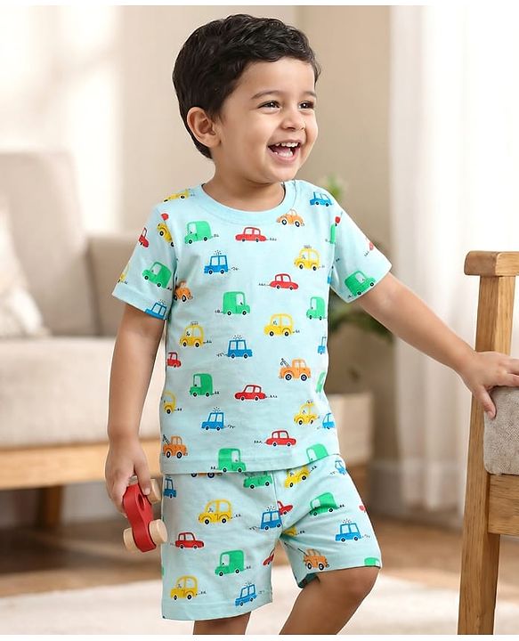 Babyhug Cotton Knit Half Sleeves Co-ords Shorts Night Suit With Vehicle Print - Light Blue