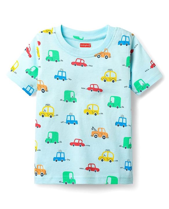 Babyhug Cotton Knit Half Sleeves Co-ords Shorts Night Suit With Vehicle Print - Light Blue