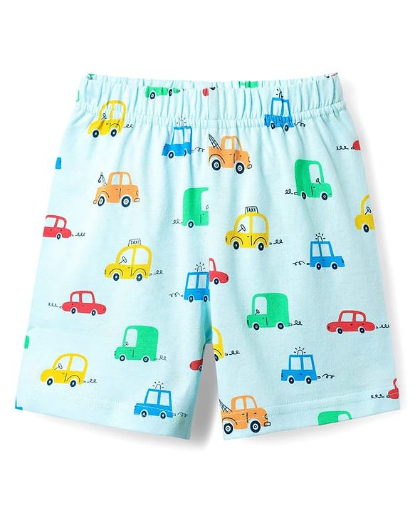 Babyhug Cotton Knit Half Sleeves Co-ords Shorts Night Suit With Vehicle Print - Light Blue